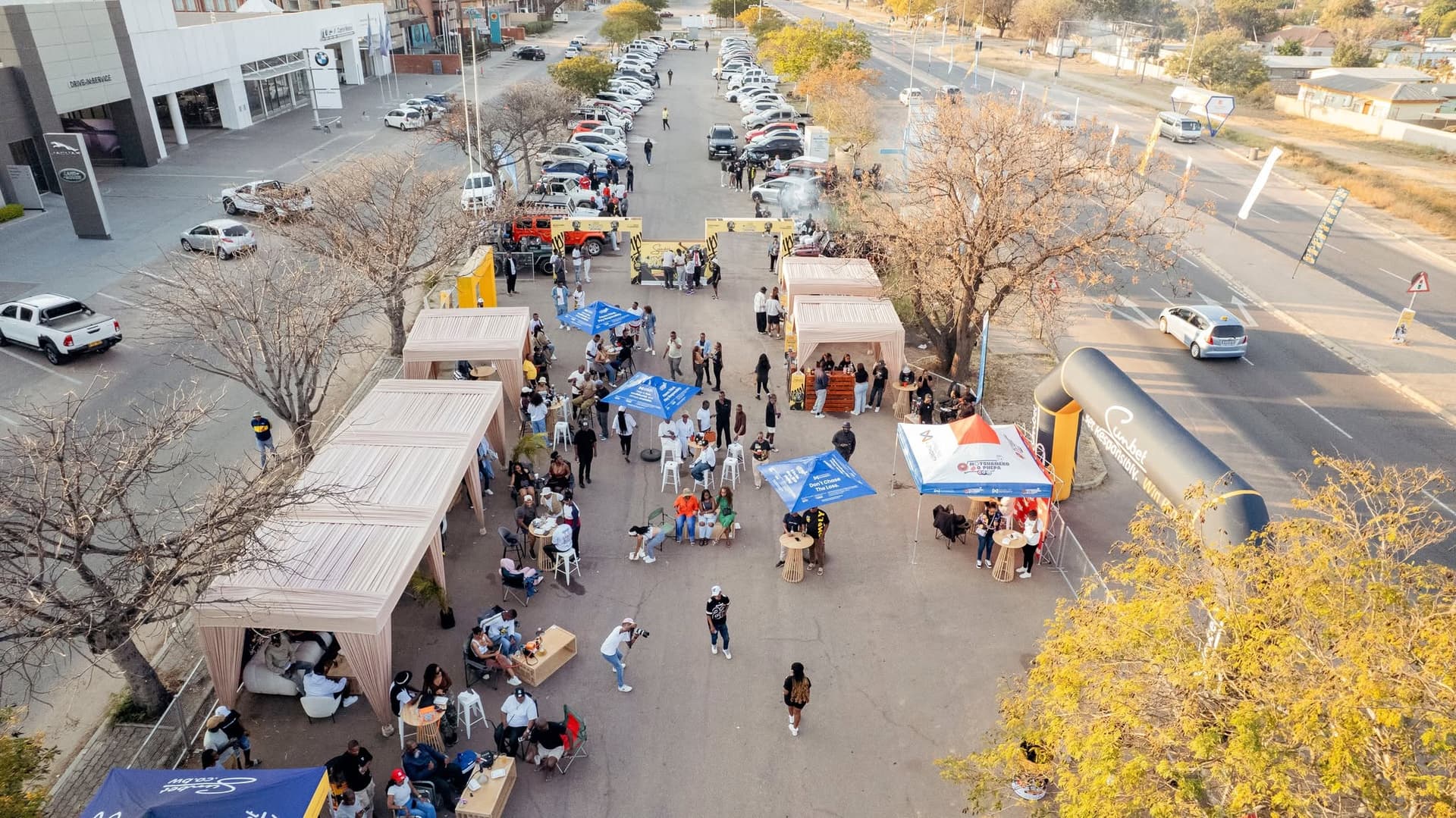 Aerial view of the Simply Piano roadshow activation along a Tlokweng street