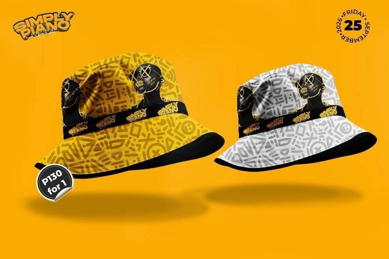 Simply Piano patterned bucket hats in yellow and white