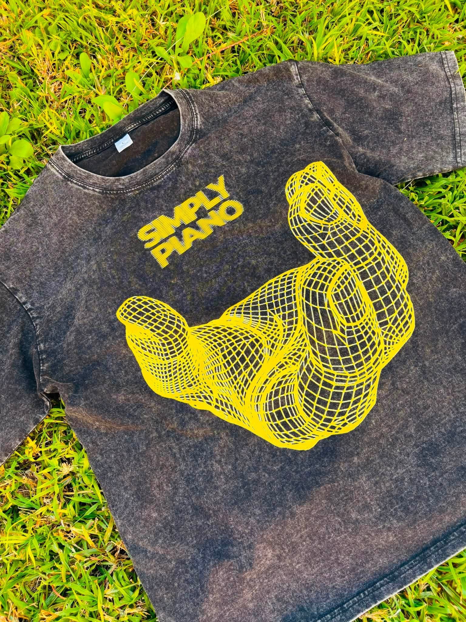Washed black Simply Piano T-shirt with yellow graphic print